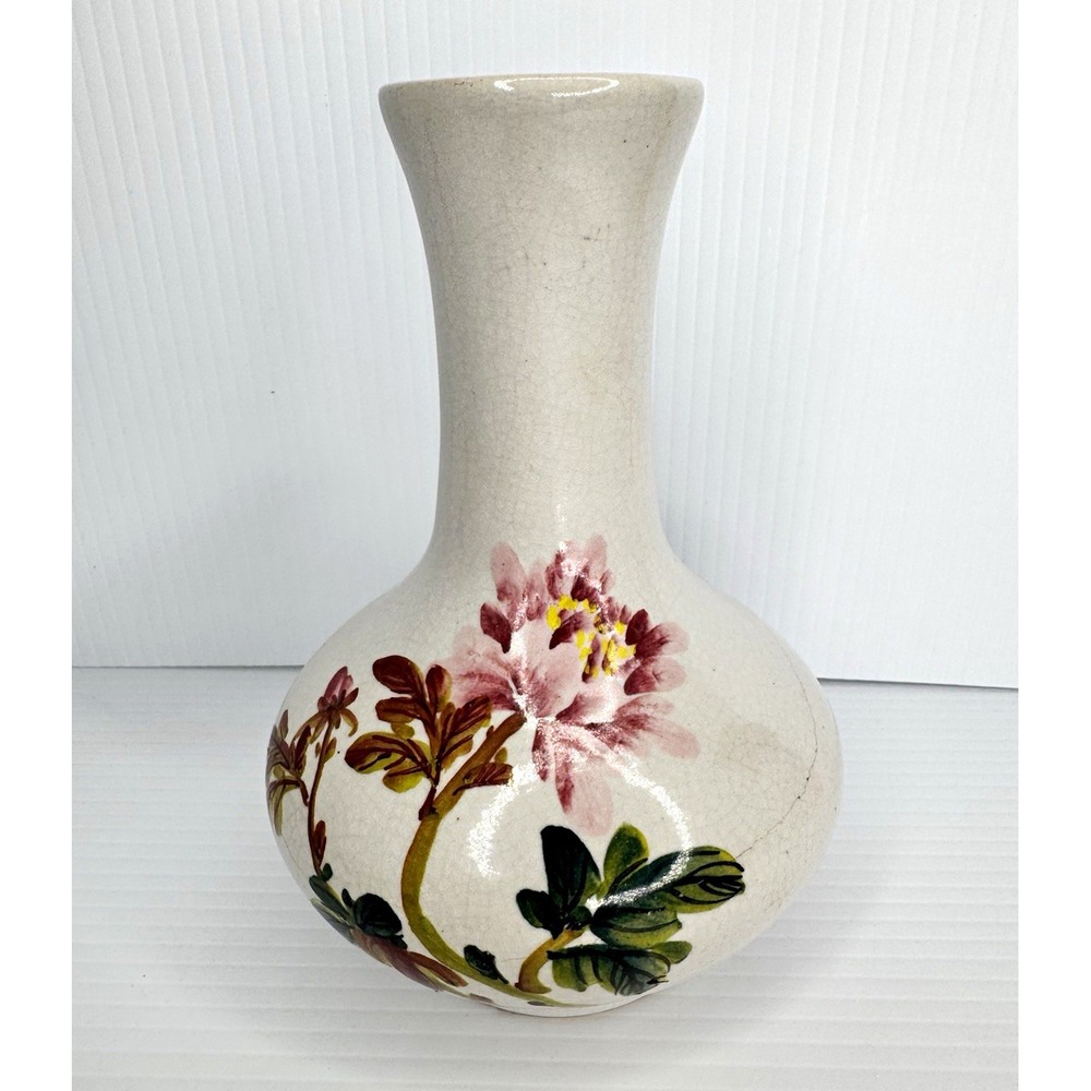 Vintage Taiwan ROC Floral Vase Hand Painted Crackle Glaze Pink Green 7" AS IS